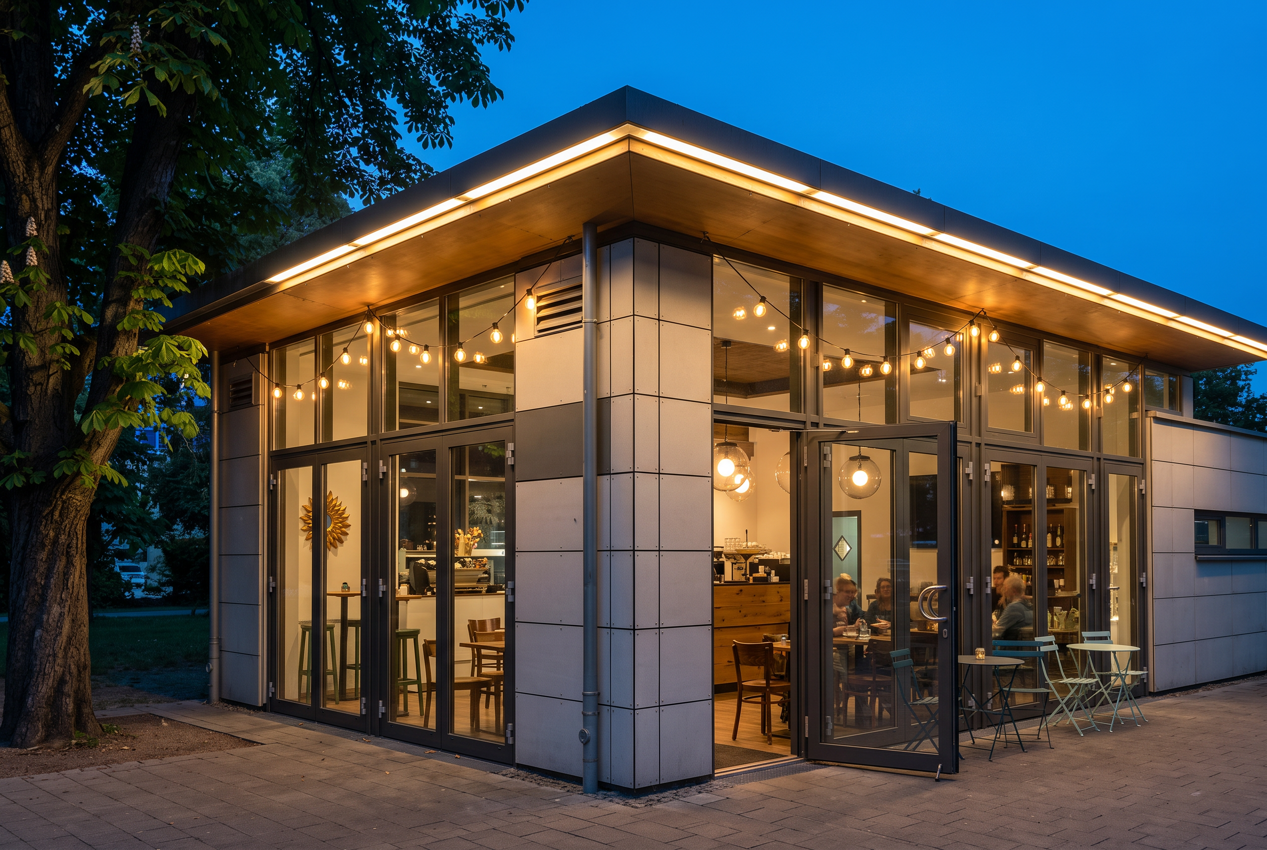 Das Café Uferlos am Abend – beleuchteter Glaspavillon auf der Maille in Esslingen