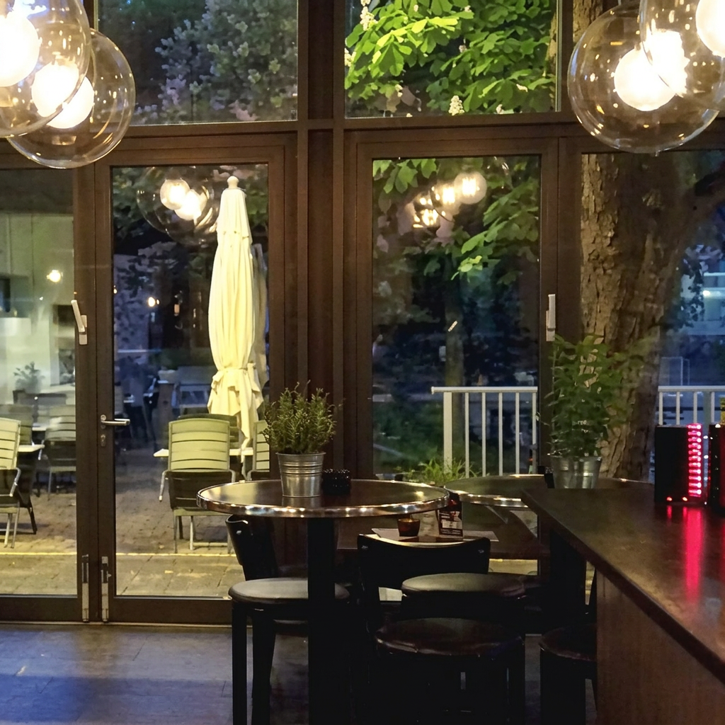 Gastraum des Café Uferlos mit Hängeleuchten, Stehtischen und Blick auf die Terrasse